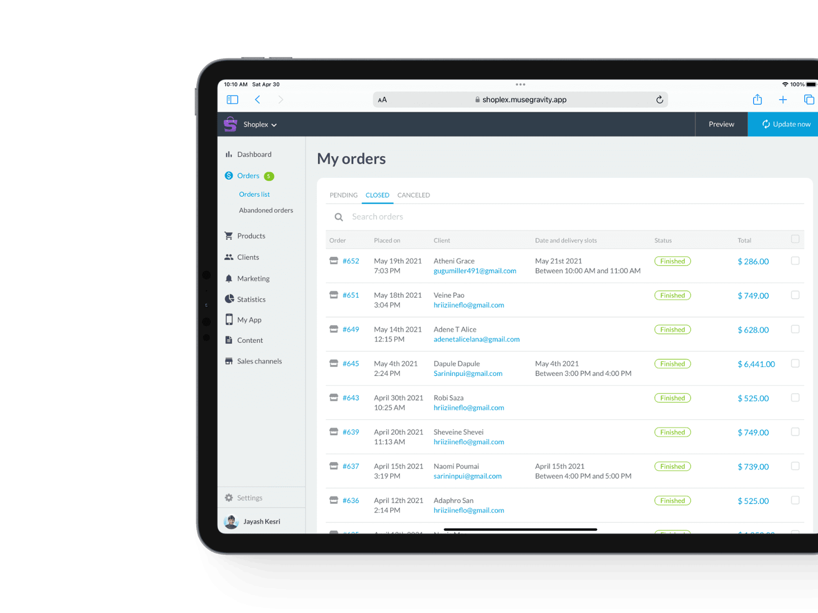 Muse eCommerce mBaaS Orders