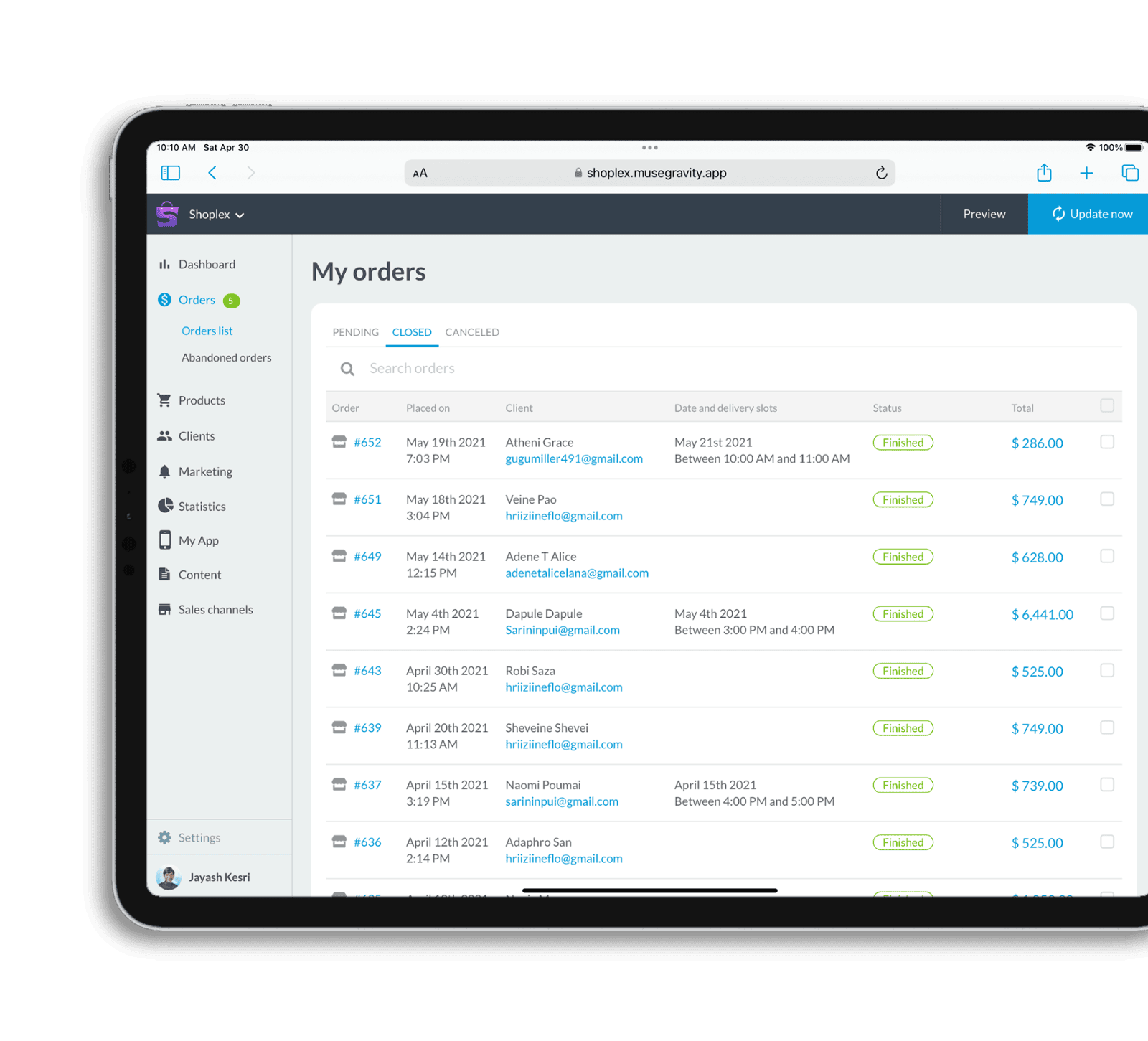 Muse eCommerce mBaaS Orders