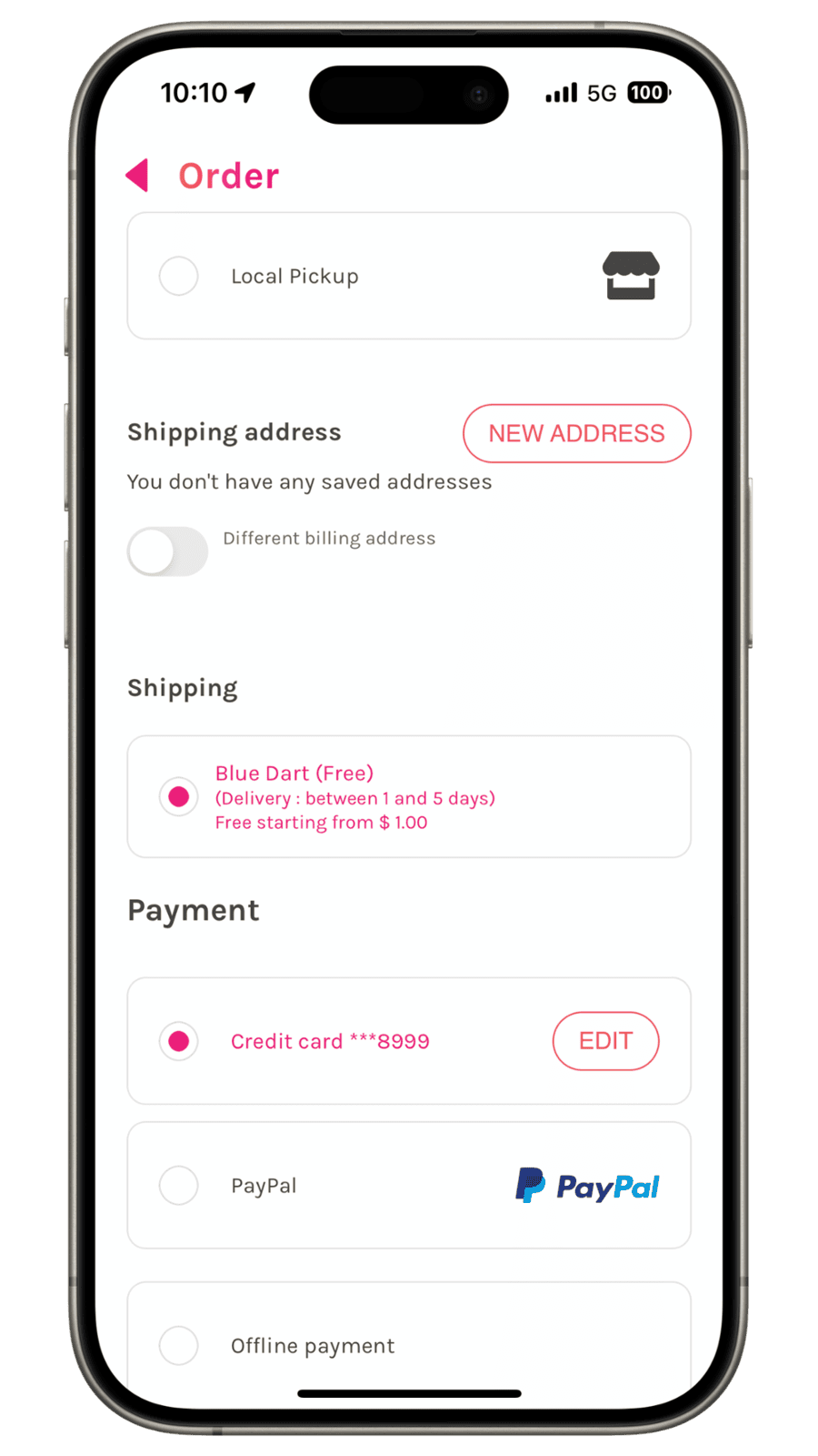 Order Page with shipping Address