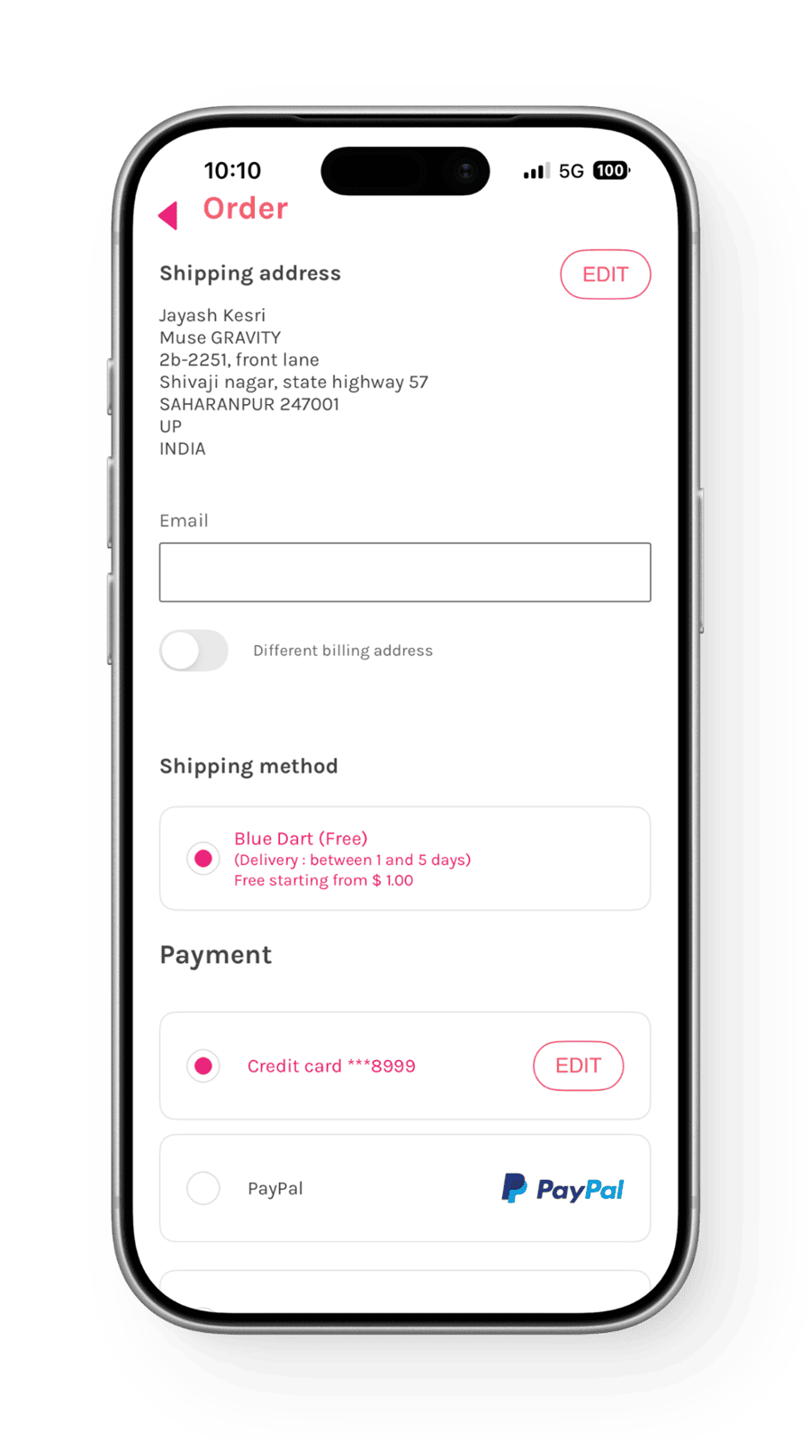 Order Page with shipping Address